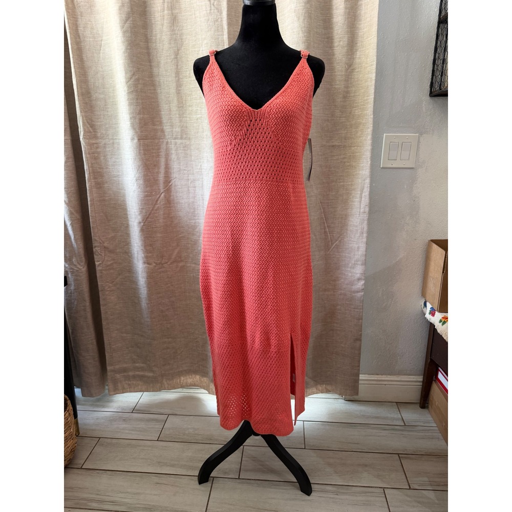 Madden NYC Womens Crochet Midi Dress Shell Pink Coral Knit V-Neck Size L NS427D